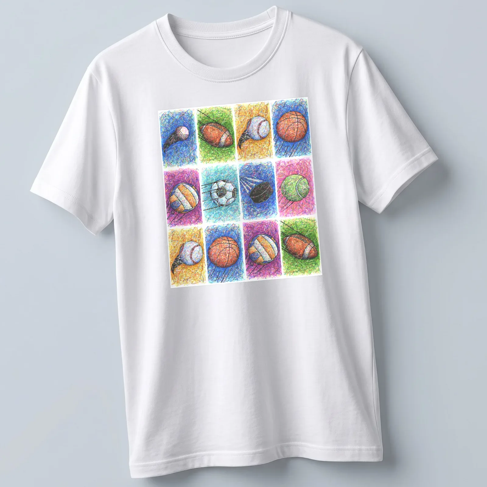 Colorful sketch of various sports balls in blue, green, orange, purple, pink, and yellow — printed on a unisex t-shirt