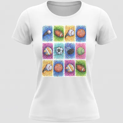 Colorful sketch of various sports balls in blue, green, orange, purple, pink, and yellow — printed on a women's shirt