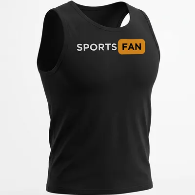 Bold typography T-shirt with the text 'SPORTS FAN' in black, orange, and white. — printed on a tank top