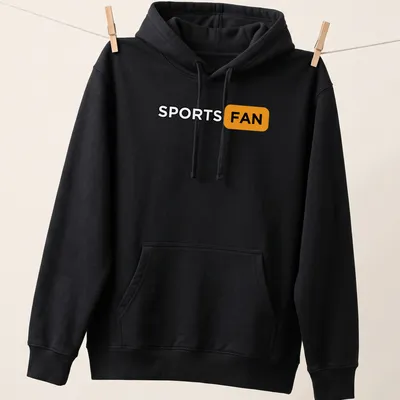 Bold typography T-shirt with the text 'SPORTS FAN' in black, orange, and white. — printed on a unisex hoodie