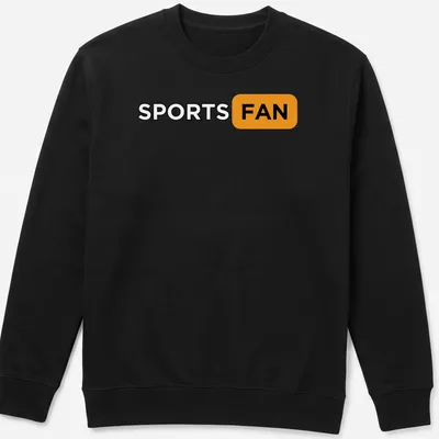 Bold typography T-shirt with the text 'SPORTS FAN' in black, orange, and white. — printed on a unisex sweatshirt