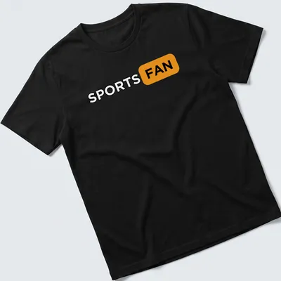 Bold typography T-shirt with the text 'SPORTS FAN' in black, orange, and white.