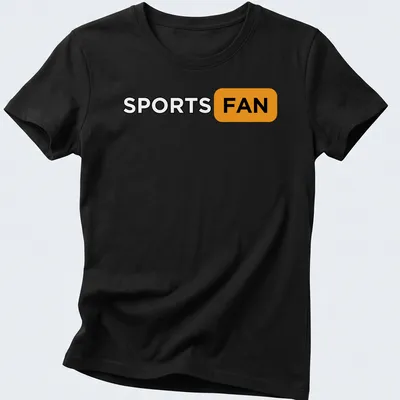 Bold typography T-shirt with the text 'SPORTS FAN' in black, orange, and white. — printed on a women's shirt