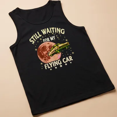 Retro t-shirt featuring a whimsical flying car with colorful text about waiting for it. — printed on a tank top
