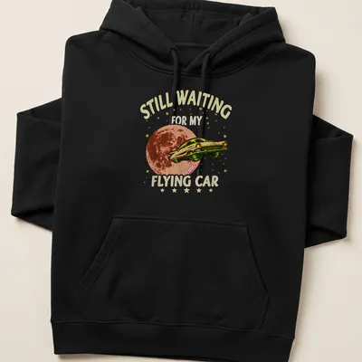 Retro t-shirt featuring a whimsical flying car with colorful text about waiting for it. — printed on a unisex hoodie