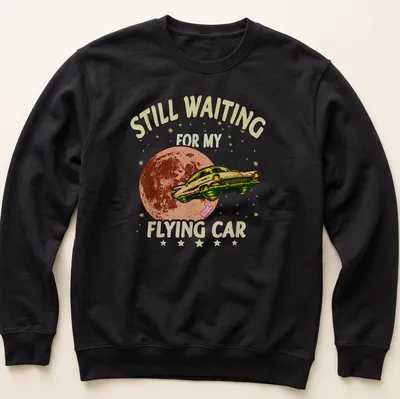 Retro t-shirt featuring a whimsical flying car with colorful text about waiting for it. — printed on a unisex sweatshirt