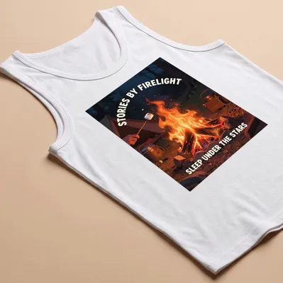Cozy campfire illustration with the printed text about stories by firelight and sleeping under the stars. — printed on a tank top