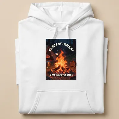 Cozy campfire illustration with the printed text about stories by firelight and sleeping under the stars. — printed on a unisex hoodie
