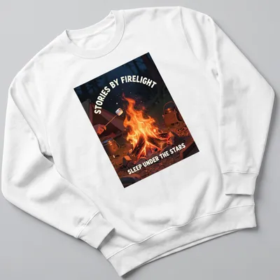 Cozy campfire illustration with the printed text about stories by firelight and sleeping under the stars. — printed on a unisex sweatshirt