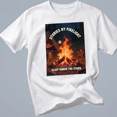 Cozy campfire illustration with the printed text about stories by firelight and sleeping under the stars.