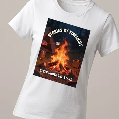 Cozy campfire illustration with the printed text about stories by firelight and sleeping under the stars. — printed on a women's shirt