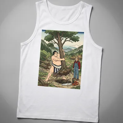 Cartoon of a sumo wrestler uprooting a tree with colorful accents — printed on a tank top