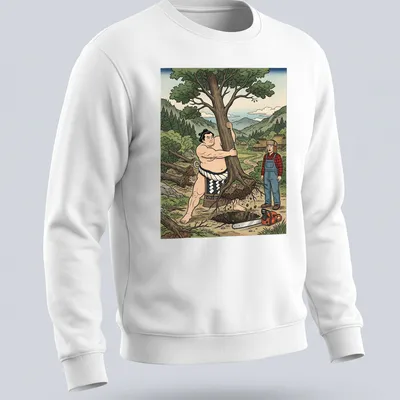 Cartoon of a sumo wrestler uprooting a tree with colorful accents — printed on a unisex sweatshirt