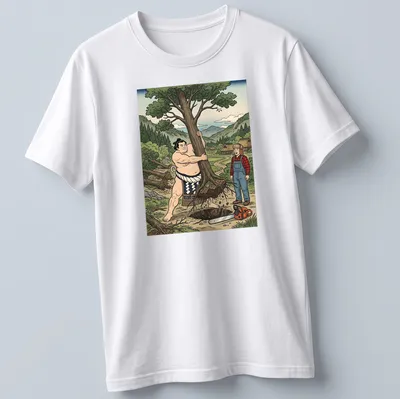 Cartoon of a sumo wrestler uprooting a tree with colorful accents