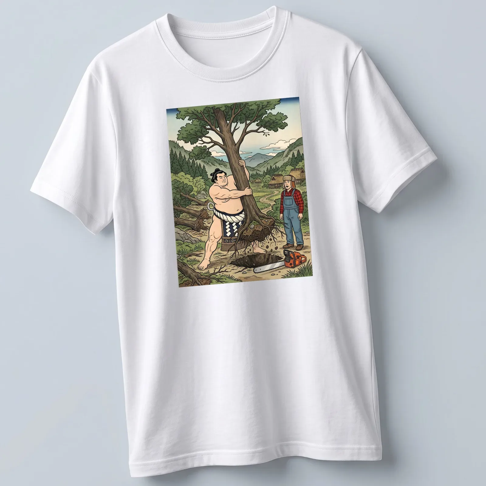 Cartoon of a sumo wrestler uprooting a tree with colorful accents — printed on a unisex t-shirt