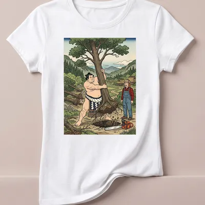 Cartoon of a sumo wrestler uprooting a tree with colorful accents — printed on a women's shirt