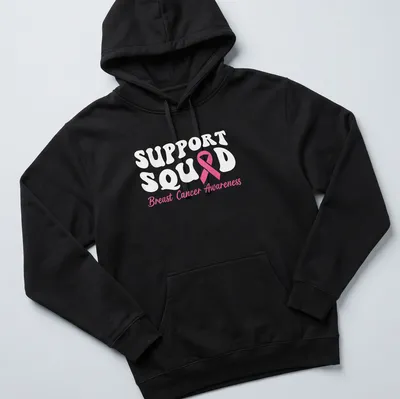 Bold typography Support Squad Breast Cancer Awareness shirt with pink ribbon — printed on a unisex hoodie
