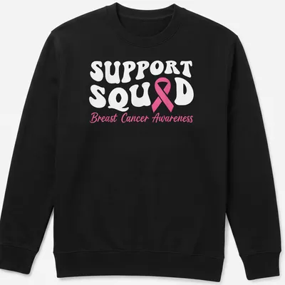 Bold typography Support Squad Breast Cancer Awareness shirt with pink ribbon — printed on a unisex sweatshirt