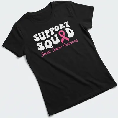 Bold typography Support Squad Breast Cancer Awareness shirt with pink ribbon — printed on a women's shirt