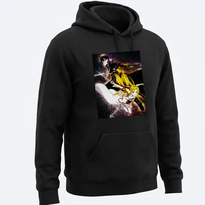 Anime style print of Kirito and Asuna from Sword Art Online in vibrant colors — printed on a unisex hoodie