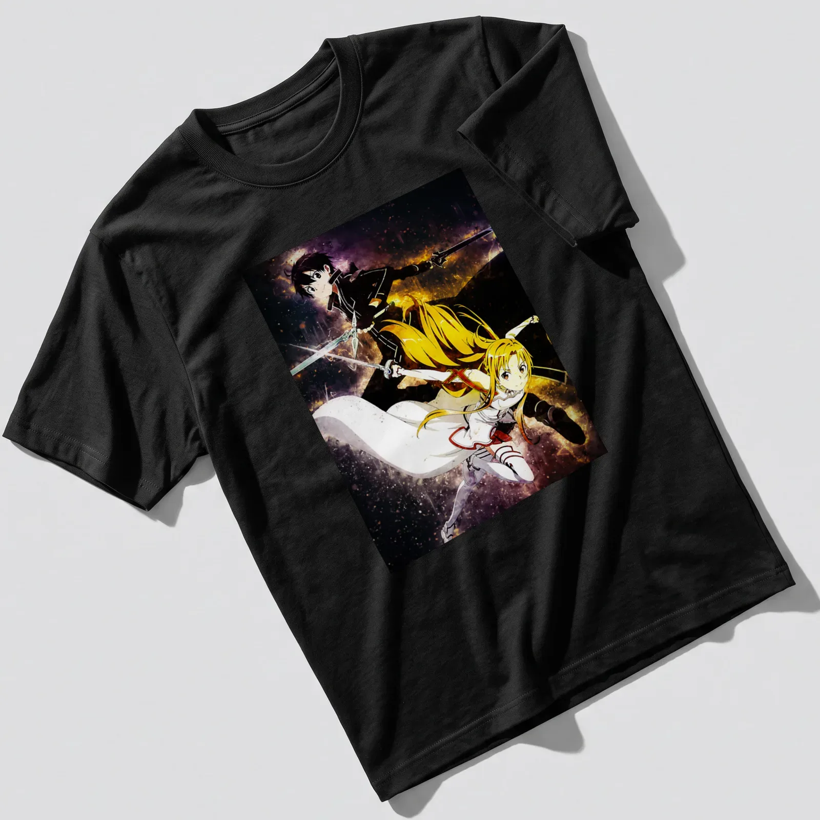 Anime style print of Kirito and Asuna from Sword Art Online in vibrant colors — printed on a unisex t-shirt