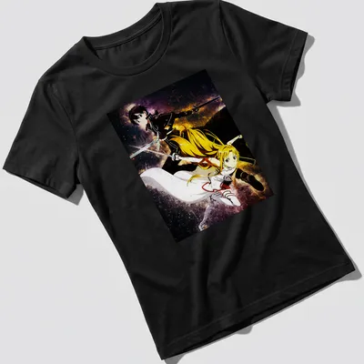 Anime style print of Kirito and Asuna from Sword Art Online in vibrant colors — printed on a women's shirt