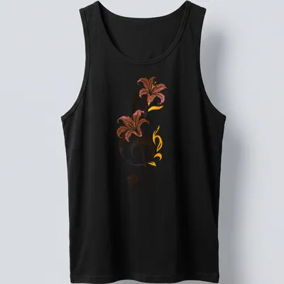 Whimsical illustration of a musical note surrounded by colorful flowers — printed on a tank top