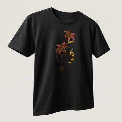 Whimsical illustration of a musical note surrounded by colorful flowers — printed on a unisex t-shirt (angled view)