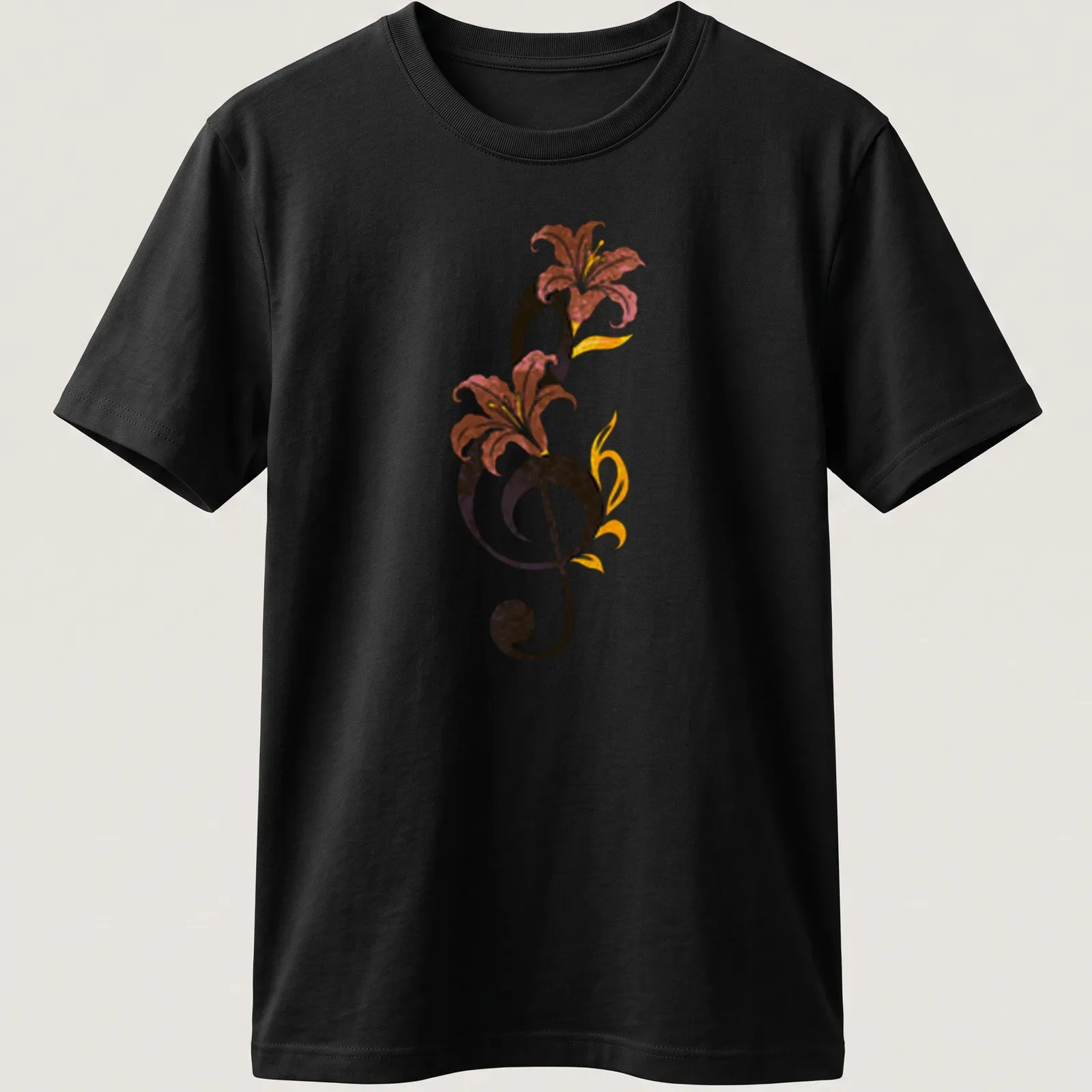 Whimsical illustration of a musical note surrounded by colorful flowers — printed on a unisex t-shirt
