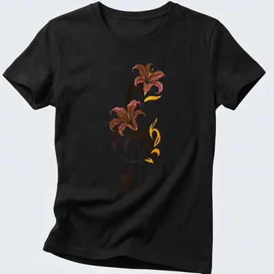 Whimsical illustration of a musical note surrounded by colorful flowers — printed on a women's shirt