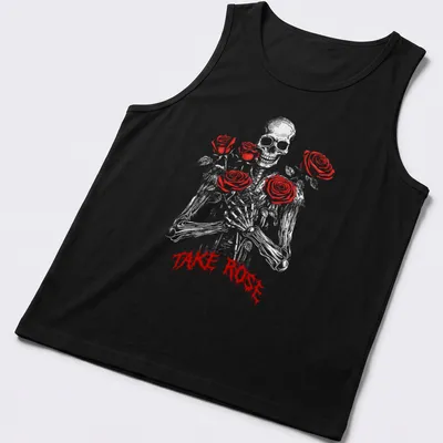 Gothic design featuring red roses and the text 'TAKE ROSE' — printed on a tank top