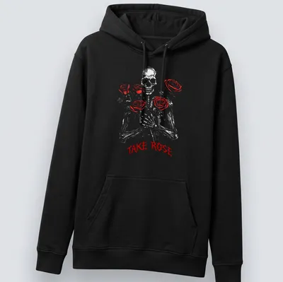 Gothic design featuring red roses and the text 'TAKE ROSE' — printed on a unisex hoodie