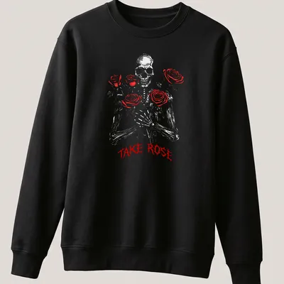 Gothic design featuring red roses and the text 'TAKE ROSE' — printed on a unisex sweatshirt