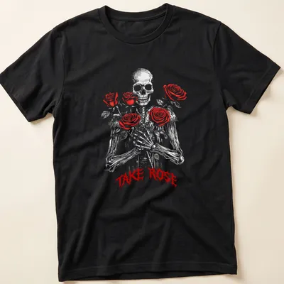 Gothic design featuring red roses and the text 'TAKE ROSE'