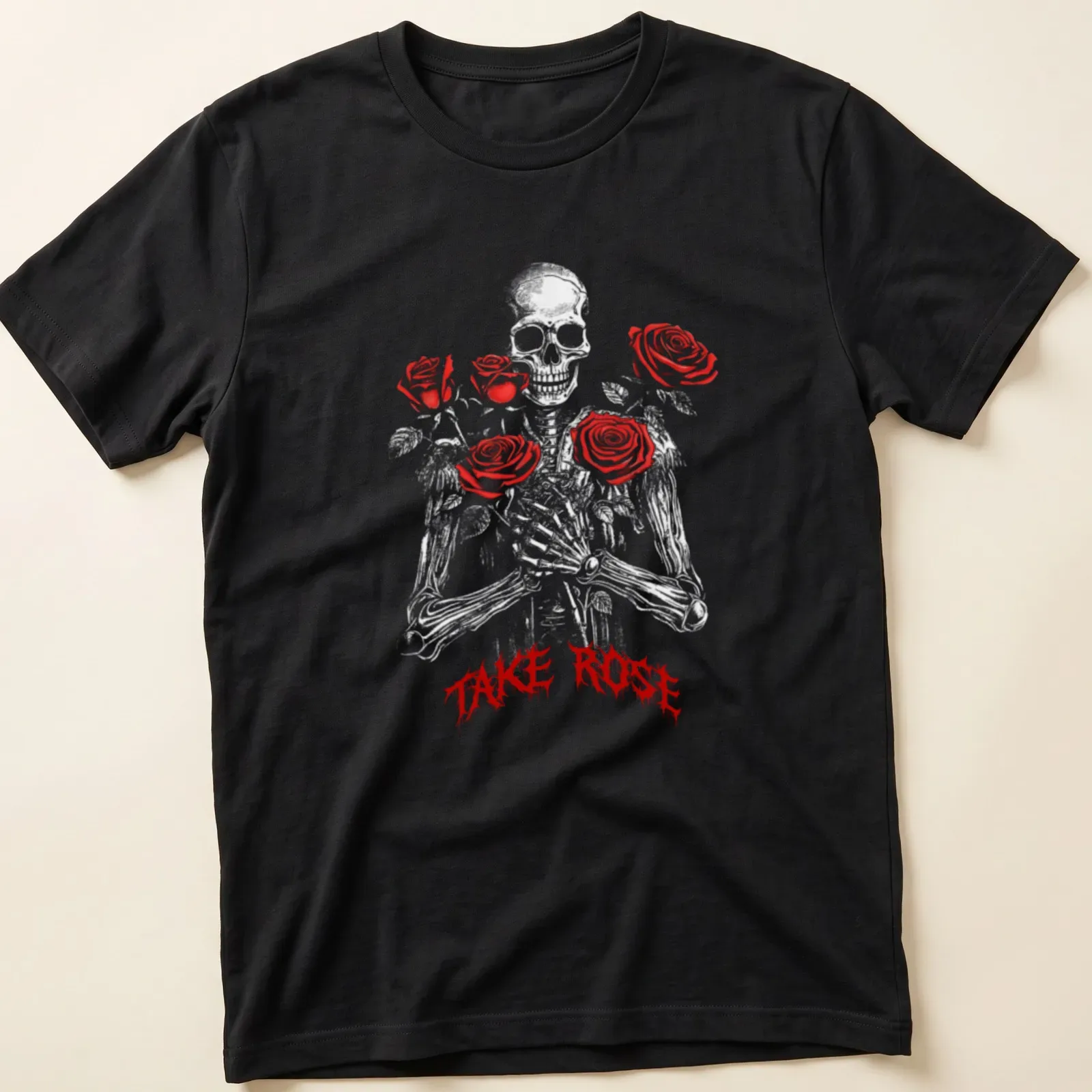 Gothic design featuring red roses and the text 'TAKE ROSE' — printed on a unisex t-shirt