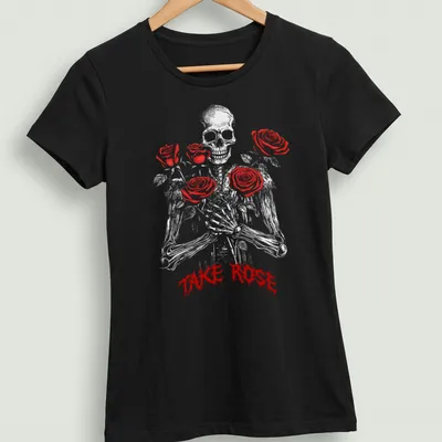 Gothic design featuring red roses and the text 'TAKE ROSE' — printed on a women's shirt