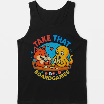 Kawaii cartoon design of a fox and octopus playing cards with colorful text — printed on a tank top