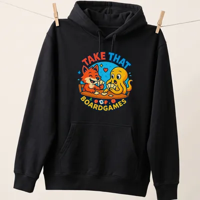 Kawaii cartoon design of a fox and octopus playing cards with colorful text — printed on a unisex hoodie
