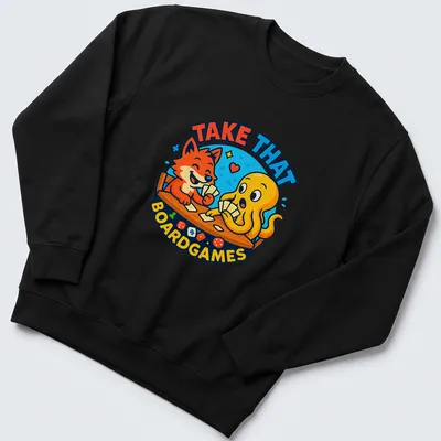 Kawaii cartoon design of a fox and octopus playing cards with colorful text — printed on a unisex sweatshirt