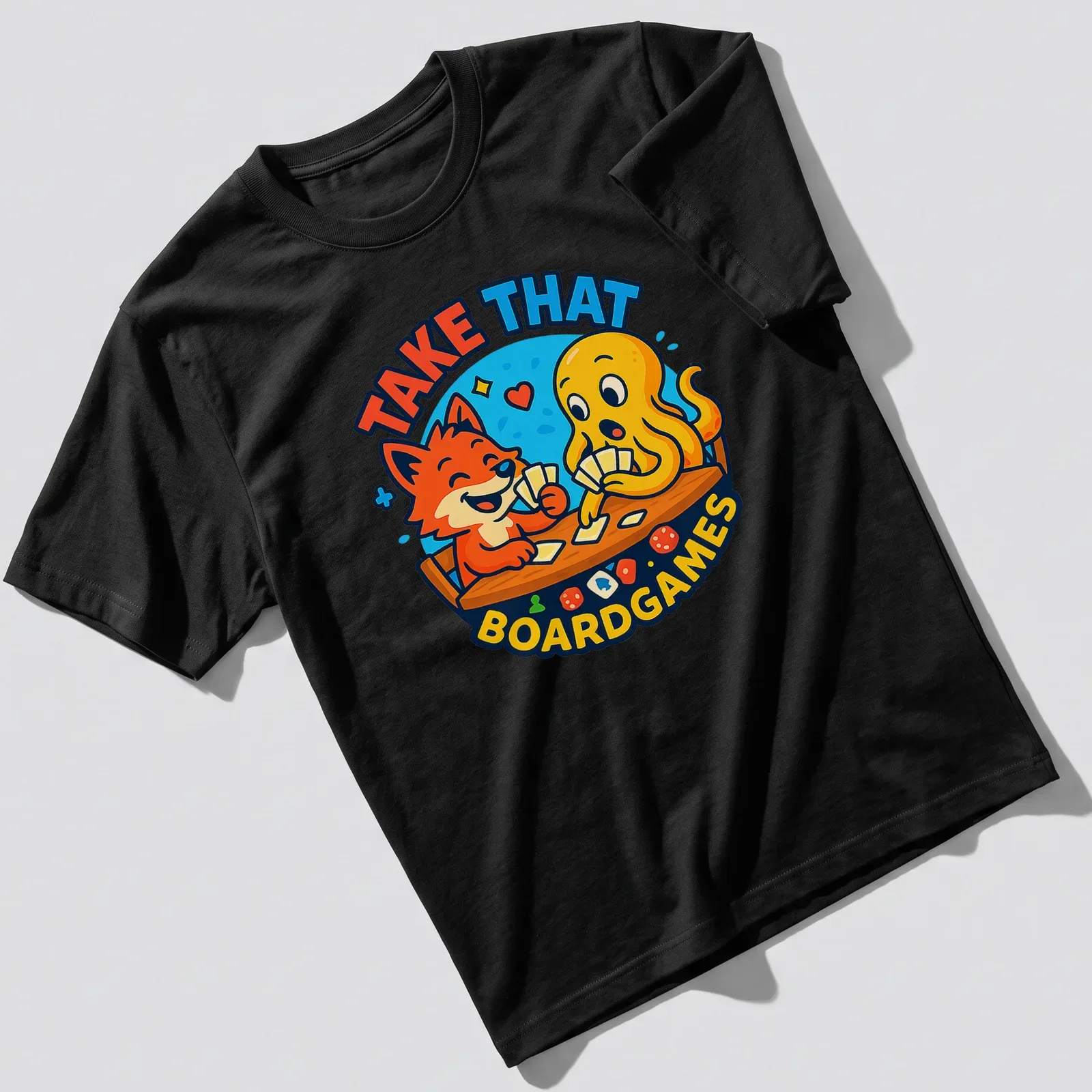 Kawaii cartoon design of a fox and octopus playing cards with colorful text — printed on a unisex t-shirt