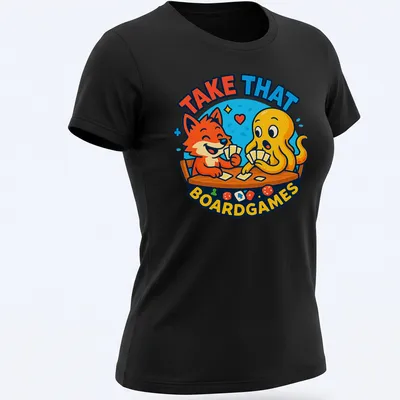 Kawaii cartoon design of a fox and octopus playing cards with colorful text — printed on a women's shirt