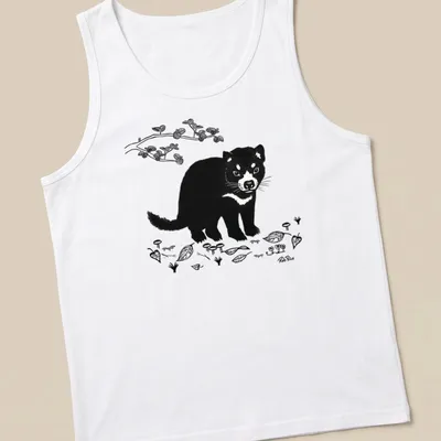 Black and white illustration of a Tasmanian devil with nature elements — printed on a tank top