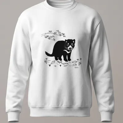 Black and white illustration of a Tasmanian devil with nature elements — printed on a unisex sweatshirt