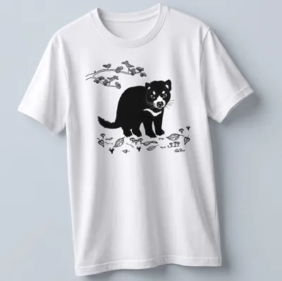 Black and white illustration of a Tasmanian devil with nature elements