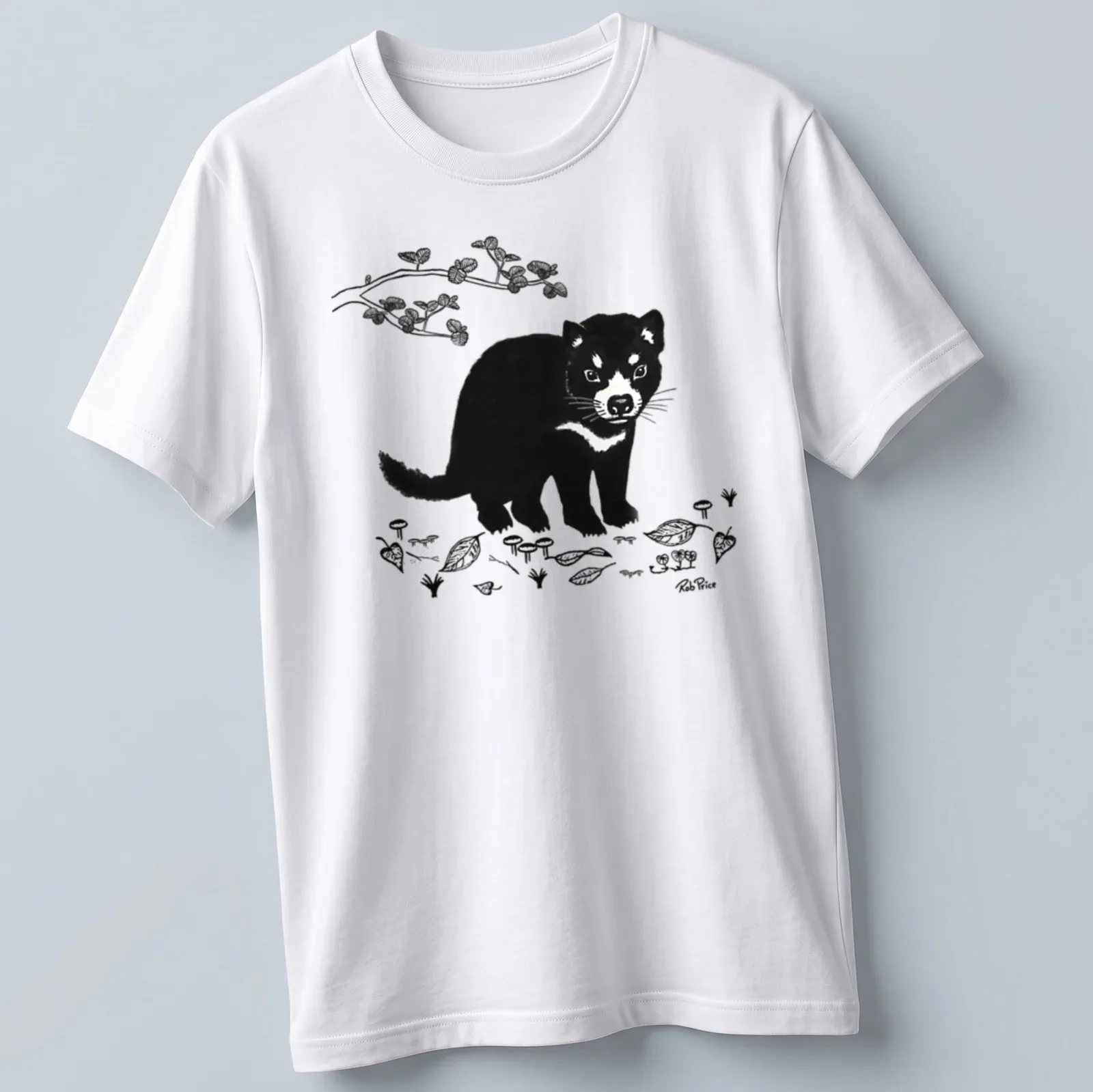 Black and white illustration of a Tasmanian devil with nature elements — printed on a unisex t-shirt