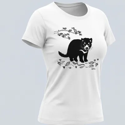 Black and white illustration of a Tasmanian devil with nature elements — printed on a women's shirt