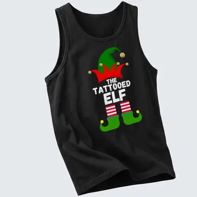 Cartoon elf hat and shoes in festive colors of red, green, yellow, and white — printed on a tank top