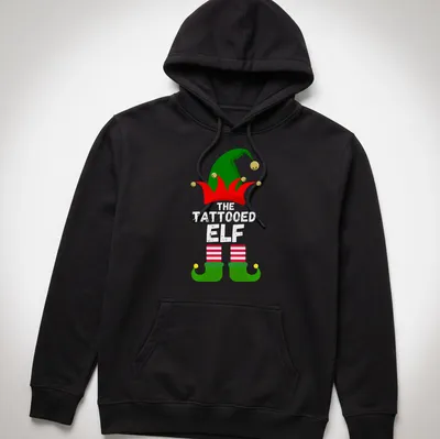 Cartoon elf hat and shoes in festive colors of red, green, yellow, and white — printed on a unisex hoodie