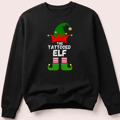Cartoon elf hat and shoes in festive colors of red, green, yellow, and white — printed on a unisex sweatshirt