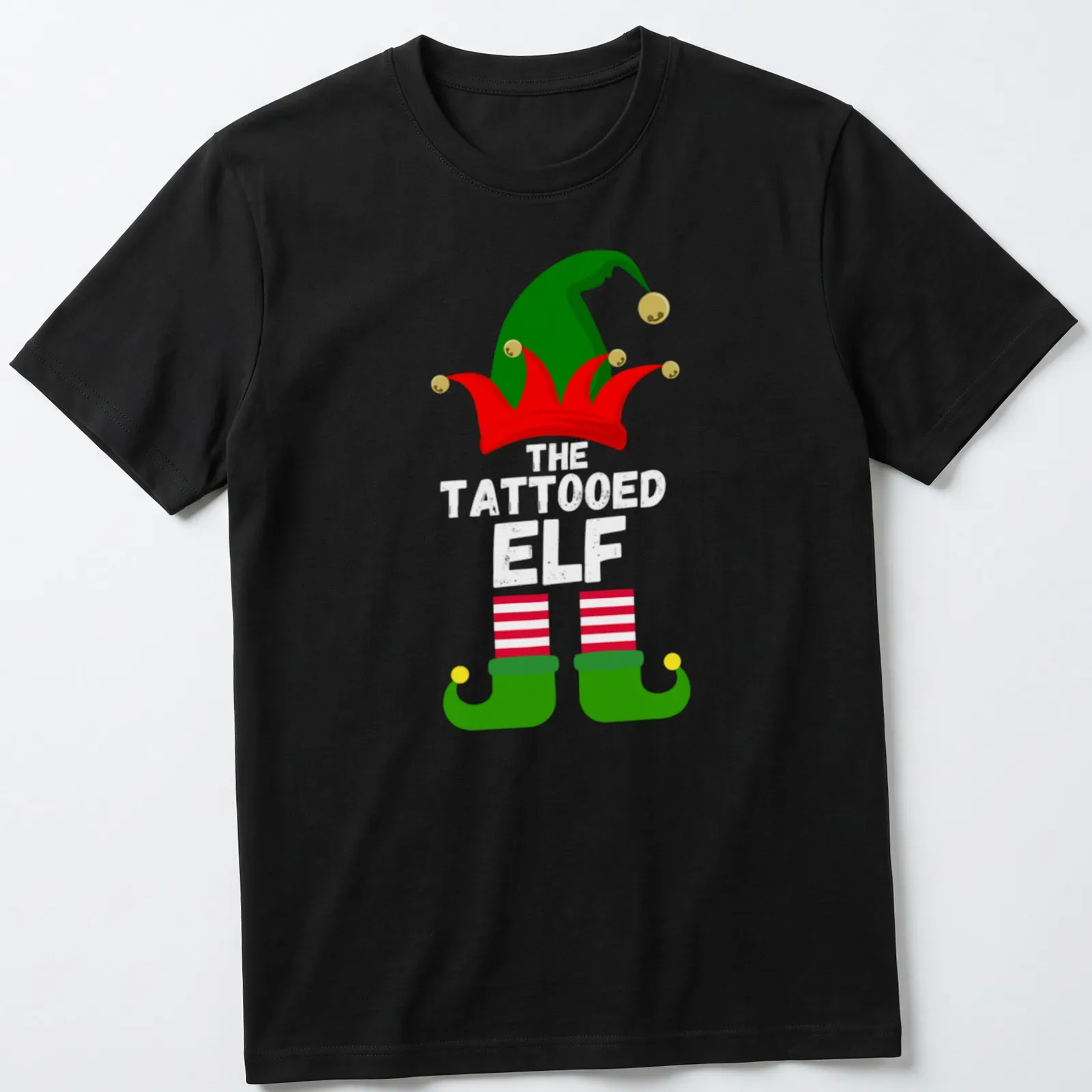 Cartoon elf hat and shoes in festive colors of red, green, yellow, and white — printed on a unisex t-shirt